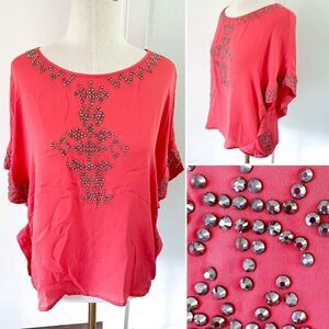 Coral 100% Silk Blouse with Gunmetal Glass Rhinestones